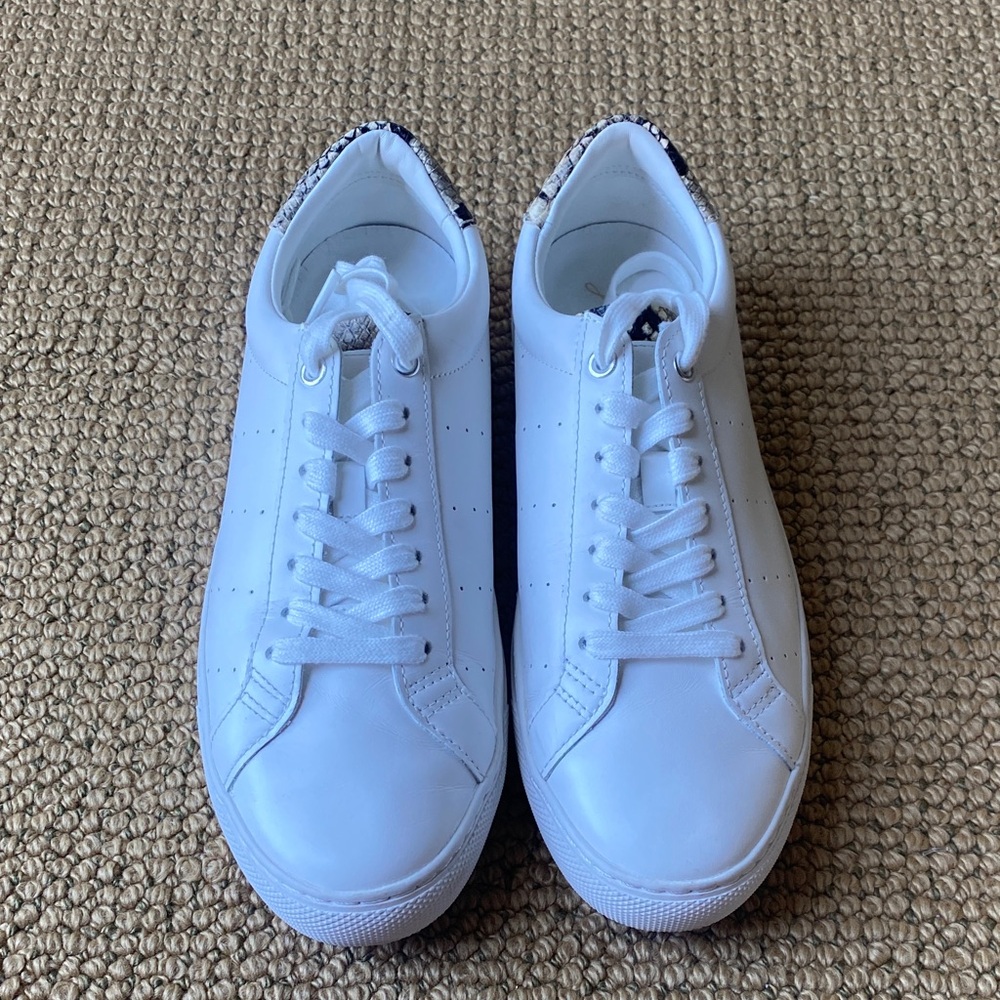 Classic White womens JCrew Saturday sneakers with snake-print leather detail